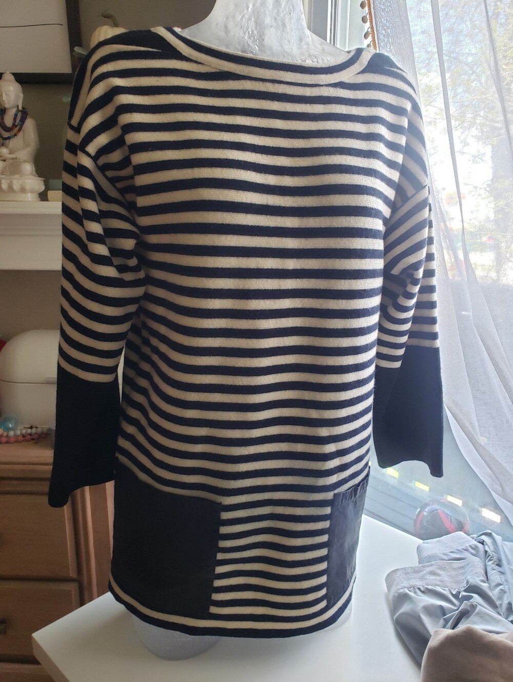100% Wool Oversized Striped Crewneck Sweater with Front Pockets